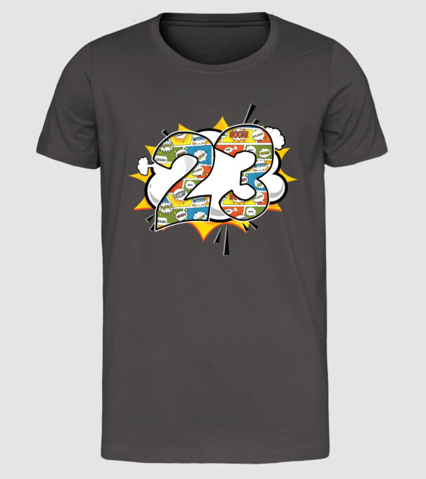 Birthday Comic Number 23 model gri închis pe tricou