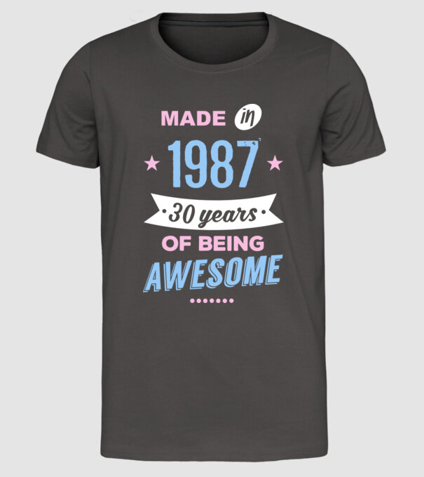 Made in - 1987 model gri închis pe tricou