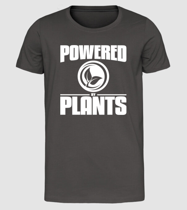 powered_by_plants model gri închis pe tricou
