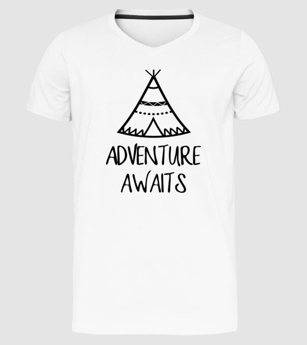 Adventure awaits teepee model alb pe tricou