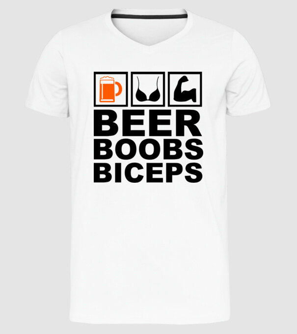 Beer Boobs Biceps model alb pe tricou