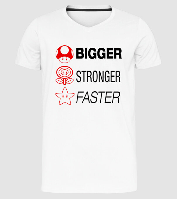 bigger stronger faster model alb pe tricou