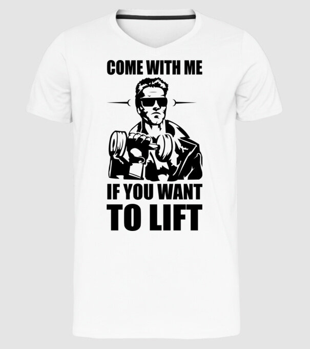 come with me arnold model alb pe tricou