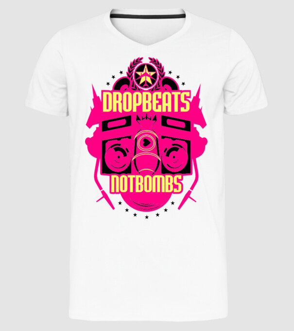 Drop Beats Not Bombs model alb pe tricou