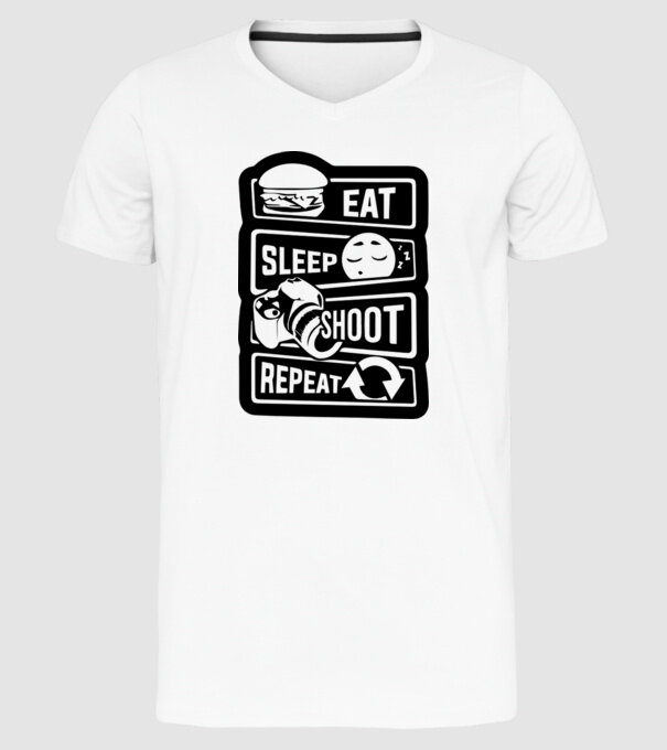 eat sleep shoot repeat model alb pe tricou