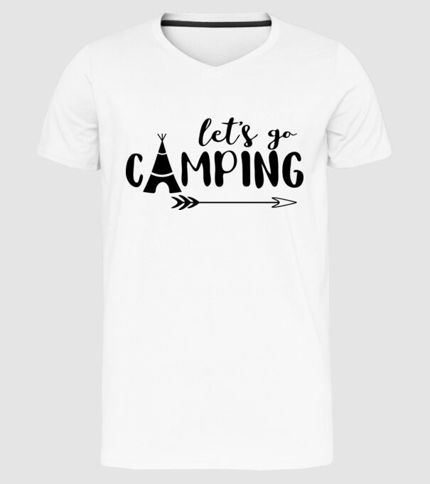 'Let''s go camping' model alb pe tricou