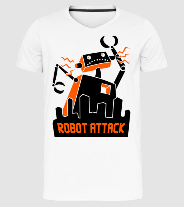 Robot Attack model alb pe tricou