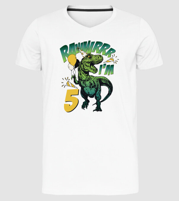 'Birthday Dinosaur rawww i''m 5' model alb pe tricou