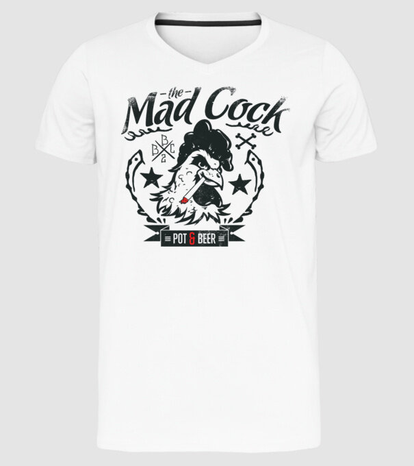 The Mad Cock model alb pe tricou