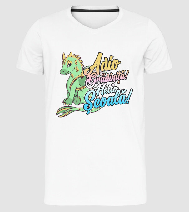 Adio grădiniță! Hello școală! model alb pe tricou