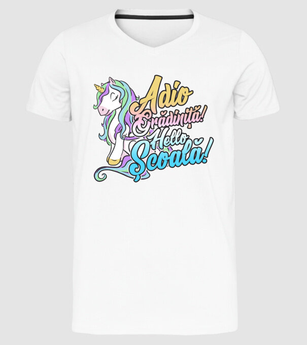 Adio grădiniță! Hello școală! model alb pe tricou