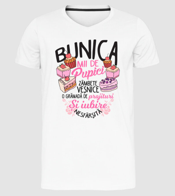 bunica - mii de pupici, zâmbete veșnice, o grămadă de prăjituri și iubire nesfârșită model alb pe tricou