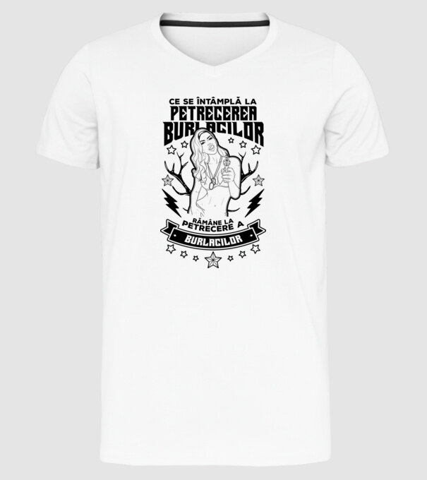Ce se întâmplă la petrecerea burlacilor, rămâne la petrecere a burlacilor model alb pe tricou