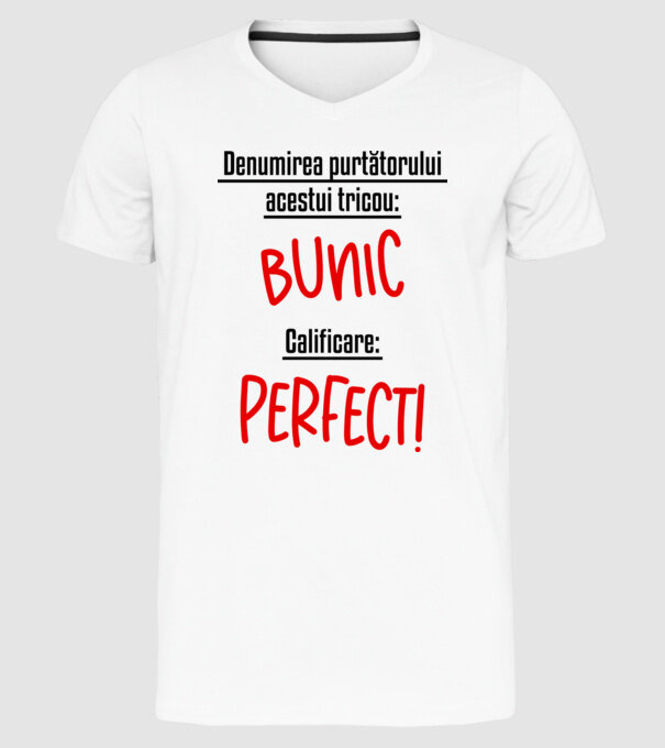 Denumirea purtătorului acestui tricou: bunic! Calificare: Perfect! model alb pe tricou
