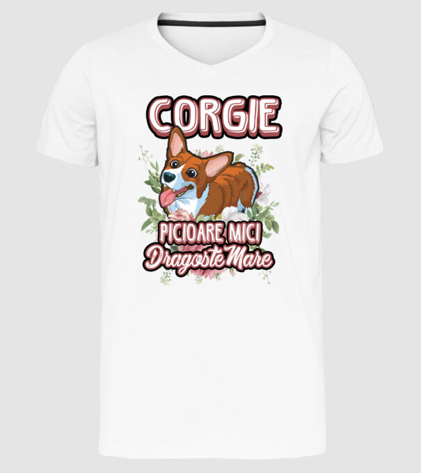 corgie : picioare mici dragoste mare model alb pe tricou