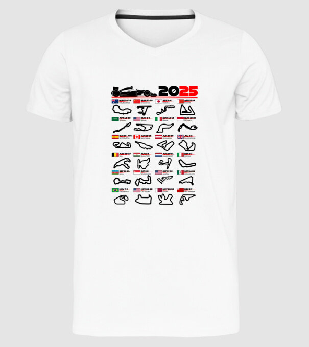 F1 calendar 2025 model alb pe tricou