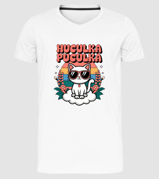 Huculka Puculka pisică 1 model alb pe tricou