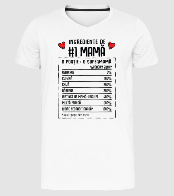 Ingrediente de Mamă - o porție : o supermamă - %consum zilnic* relaxare, cofeină, grijă, răbdare, instinct de mamă-ursuleț, mult model alb pe tricou