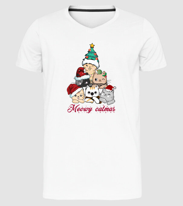 Meowy catmas model alb pe tricou