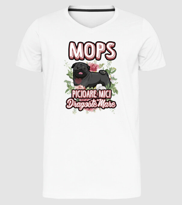 Mops negru picioare mici dragoste mare model alb pe tricou