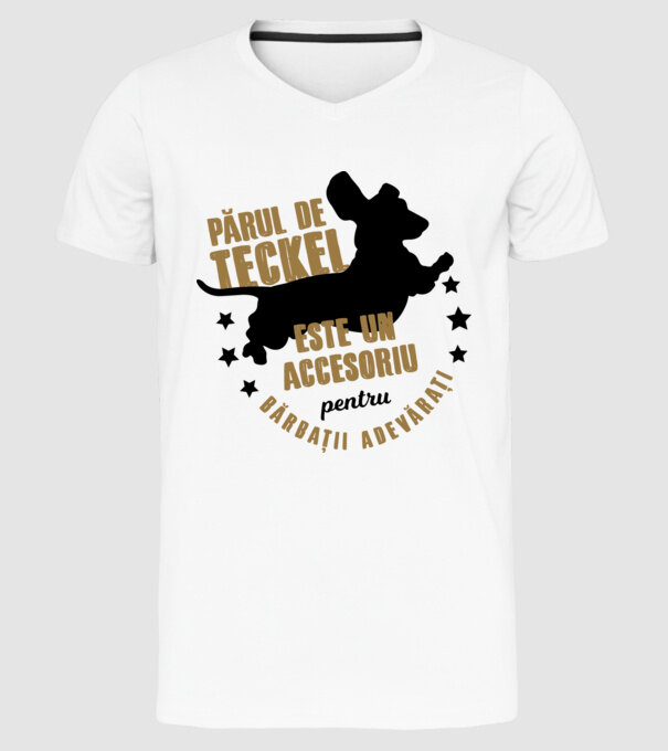 părul de teckel este un accesoriu pentru bărbații adevărați model alb pe tricou