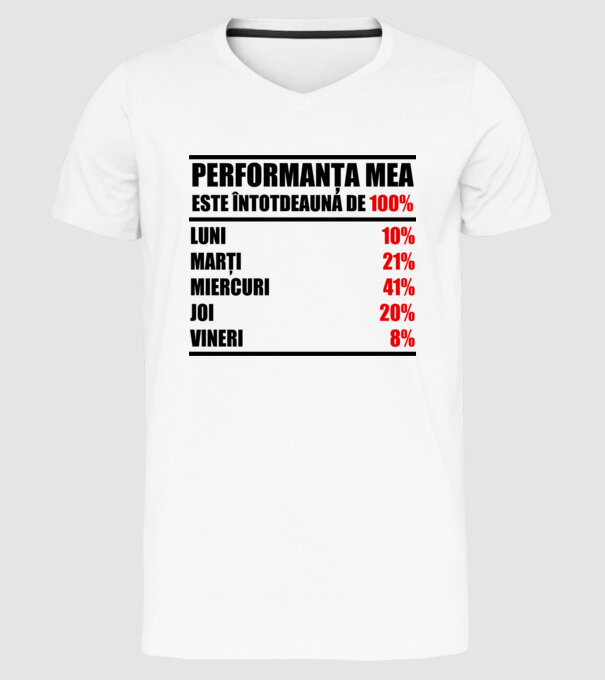 performanța mea este întotdeauna de 100% : luni, marți, miercuri, joi, vineri model alb pe tricou