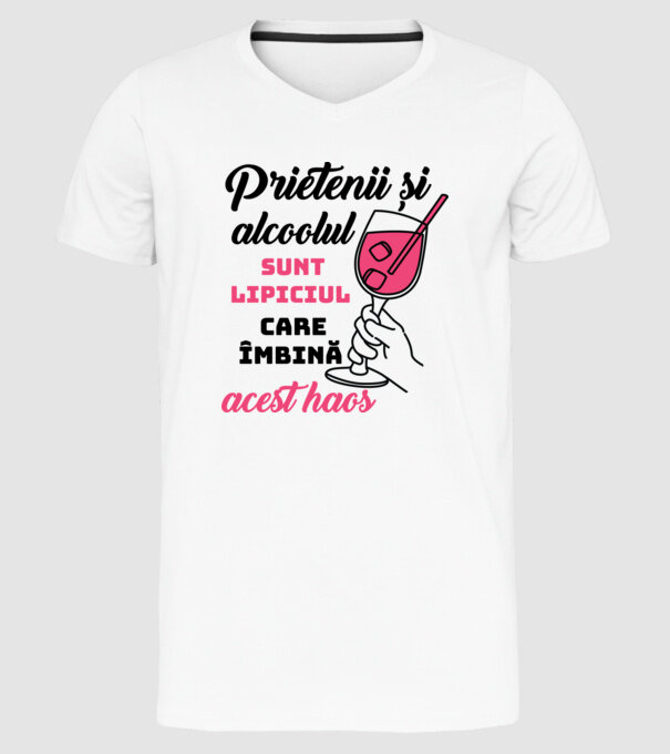 Prietenii și alcoolul sunt lipiciul care îmbină acest haos model alb pe tricou
