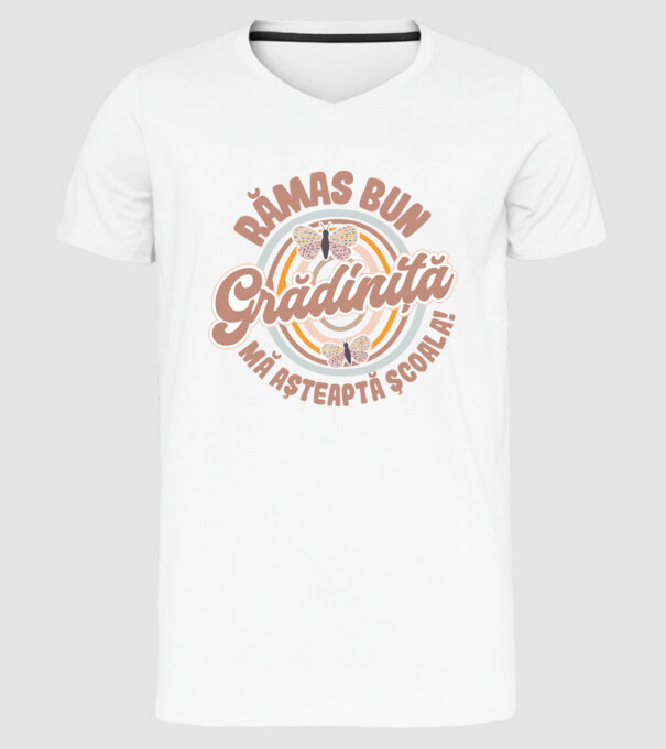 Rămas bun grădiniță, mă așteaptă școala! model alb pe tricou