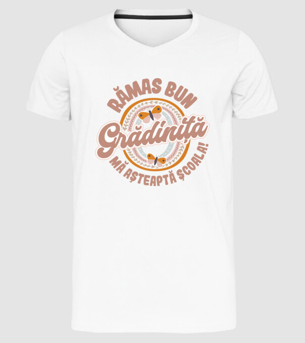Rămas bun grădiniță, mă așteaptă școala! model alb pe tricou