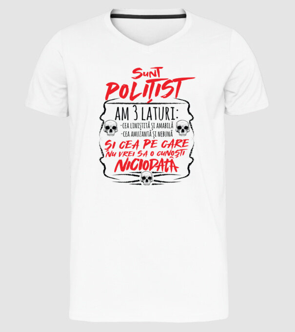 sunt polițist am 3 laturi model alb pe tricou