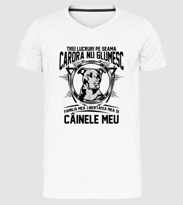 trei lucruri pe seama cărora nu glumesc: familia mea, libertatea mea și câinele meu model alb pe tricou