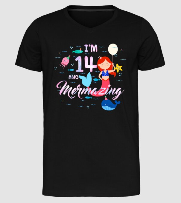 Mermazing Birthday 14 model negru pe tricou