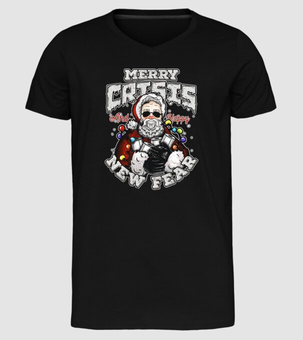 Merry Crisis and Happy New Fear model negru pe tricou