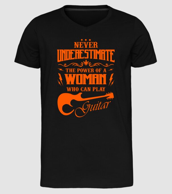 Never underestimate the power of a guitar woman model negru pe tricou