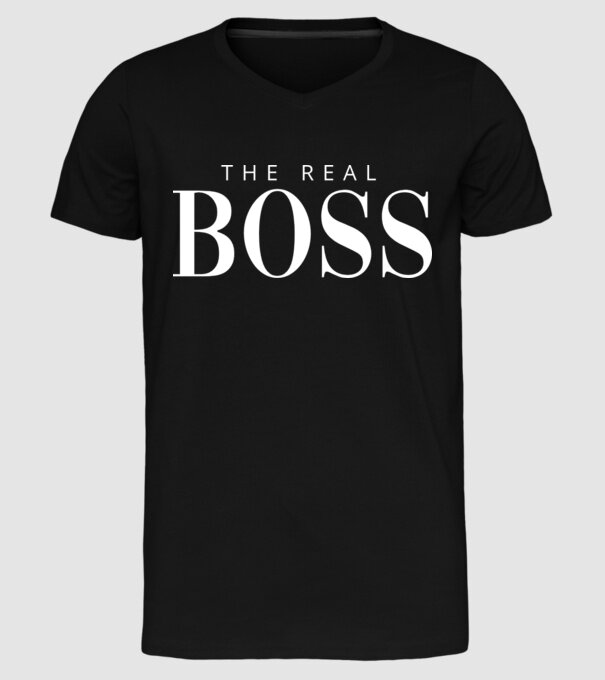 Motiv cuplu The REAL Boss model negru pe tricou