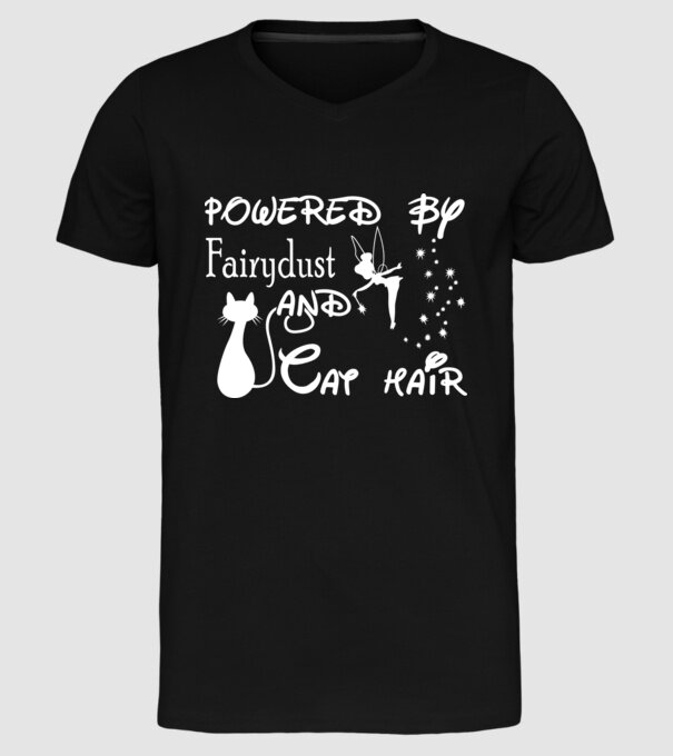 Powered by fairydust and cat hair model negru pe tricou