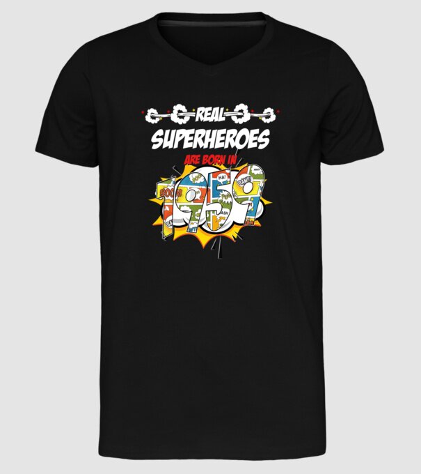 real superheroes are born in 1959 model negru pe tricou