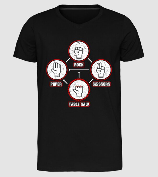 Rock Paper Scissors TABLE SAW model negru pe tricou