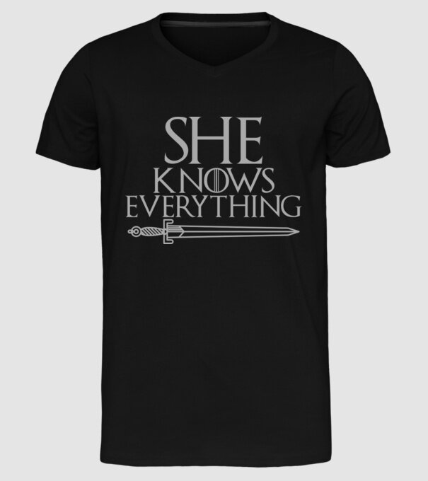 Cuplu She knows everything model negru pe tricou