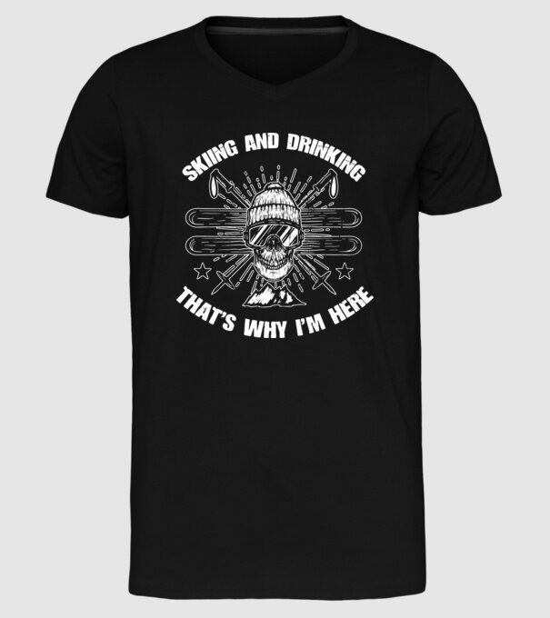 Skiing and drinking model negru pe tricou