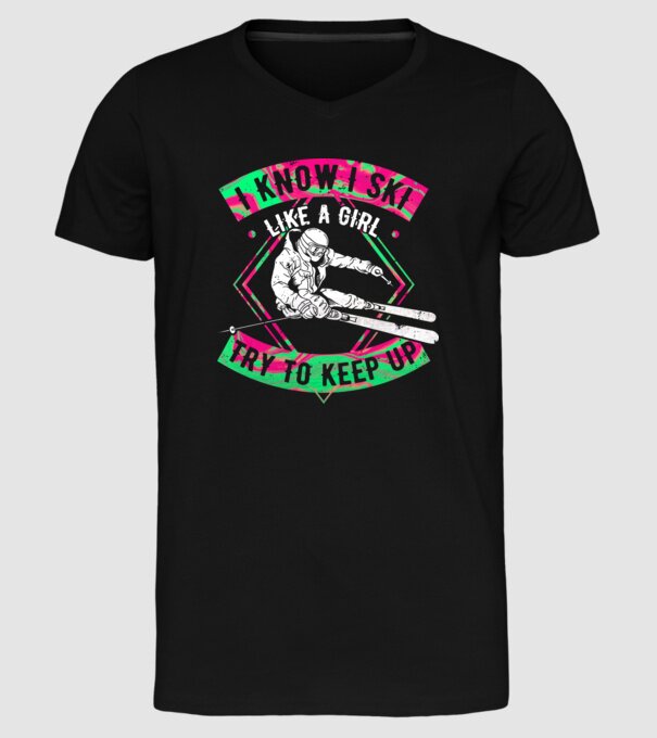 Skiing like a girl model negru pe tricou