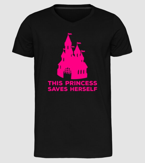 This princess saves herself model negru pe tricou