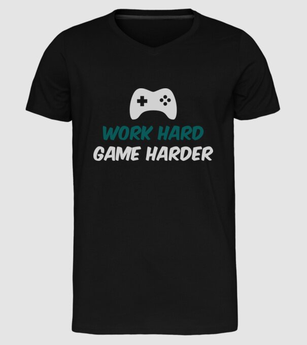Work hard, game harder model negru pe tricou