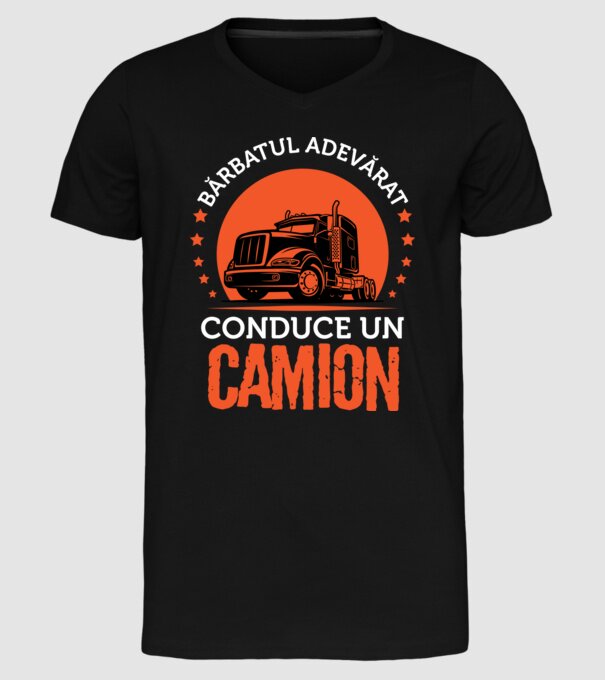 Bărbatul adevărat conduce un camion model negru pe tricou