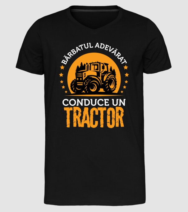 Bărbatul adevărat conduce un tractor model negru pe tricou