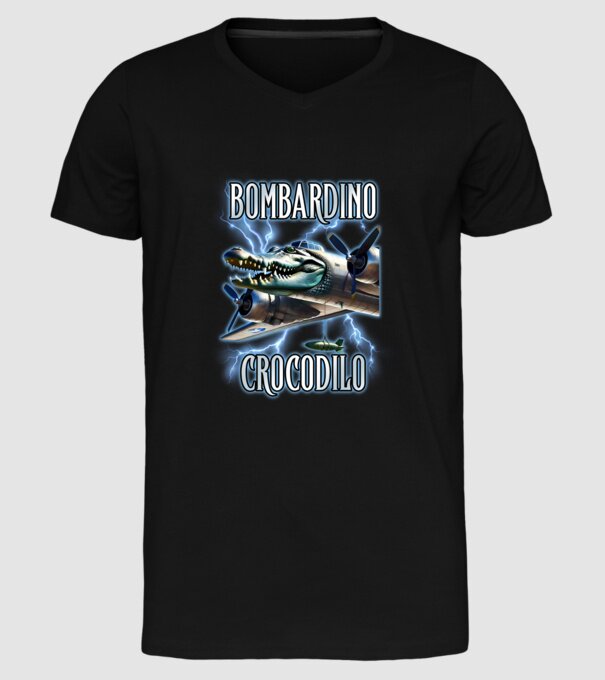 Bombardino Crocodilo model negru pe tricou