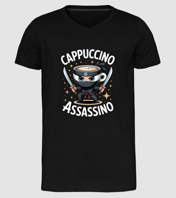 Cappuccino Assassino model negru pe tricou