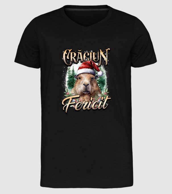 Capybara christmas model negru pe tricou