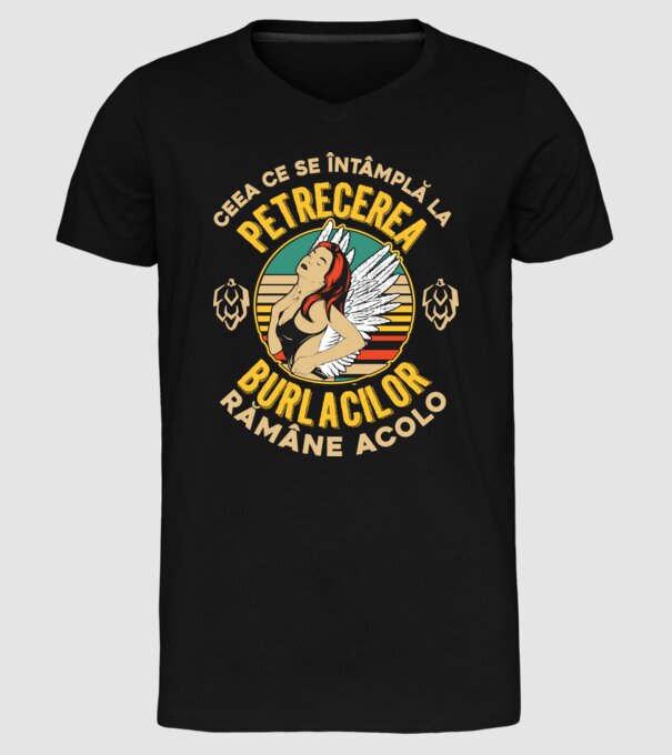 Ceea ce se întâmplă la petrecerea burlacilor rămâne la petrecerea burlacilor model negru pe tricou