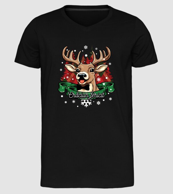 Cerb de Crăciun model negru pe tricou